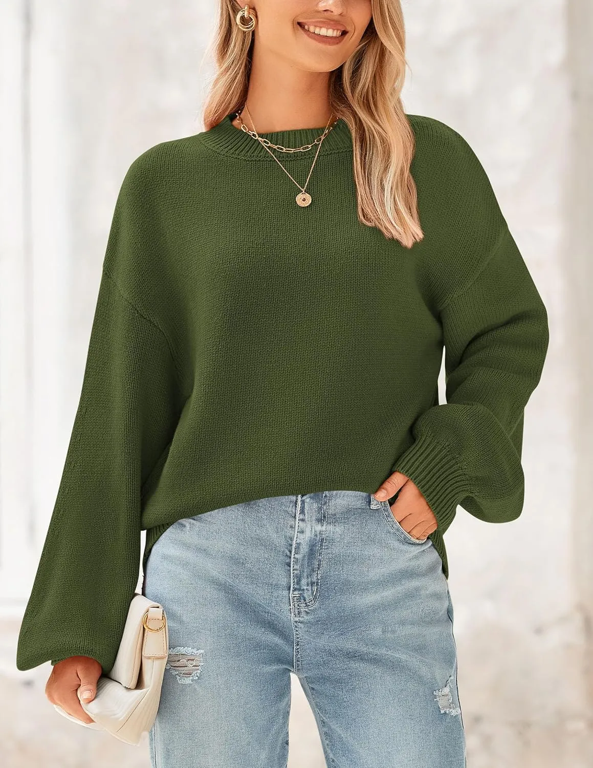 PRETTYGARDEN Women's 2024 Winter Chunky Knit Sweater Casual Long Lantern Sleeve Crewneck Pullover Jumper Tops