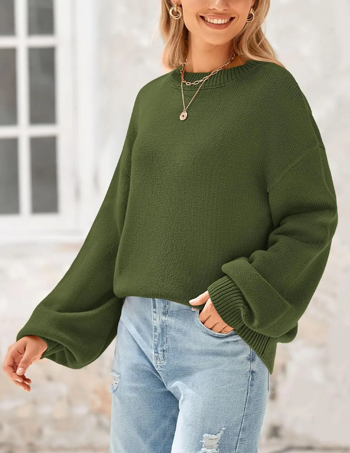 PRETTYGARDEN Women's 2024 Winter Chunky Knit Sweater Casual Long Lantern Sleeve Crewneck Pullover Jumper Tops