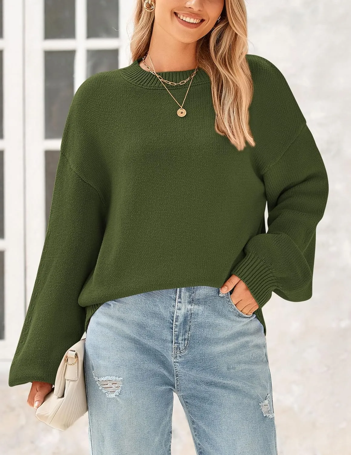 PRETTYGARDEN Women's 2024 Winter Chunky Knit Sweater Casual Long Lantern Sleeve Crewneck Pullover Jumper Tops