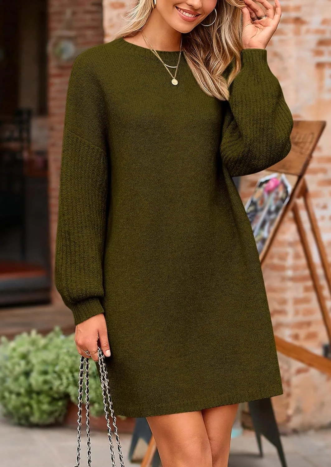 PRETTYGARDEN Women's Winter Pullover Sweaters Long Lantern Sleeve Crewneck Chunky Knit Slouchy Oversized Sweater Dress