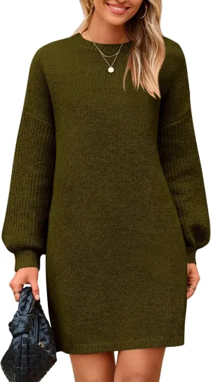 PRETTYGARDEN Women's Winter Pullover Sweaters Long Lantern Sleeve Crewneck Chunky Knit Slouchy Oversized Sweater Dress
