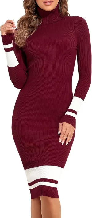 PrettyGuide Women's Turtleneck Sweater Dress Long Sleeve Ribbed Knit Stretch Midi Bodycon Dresses