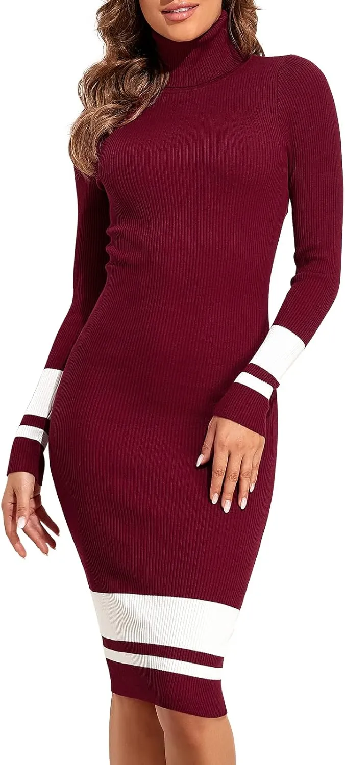 PrettyGuide Women's Turtleneck Sweater Dress Long Sleeve Ribbed Knit Stretch Midi Bodycon Dresses