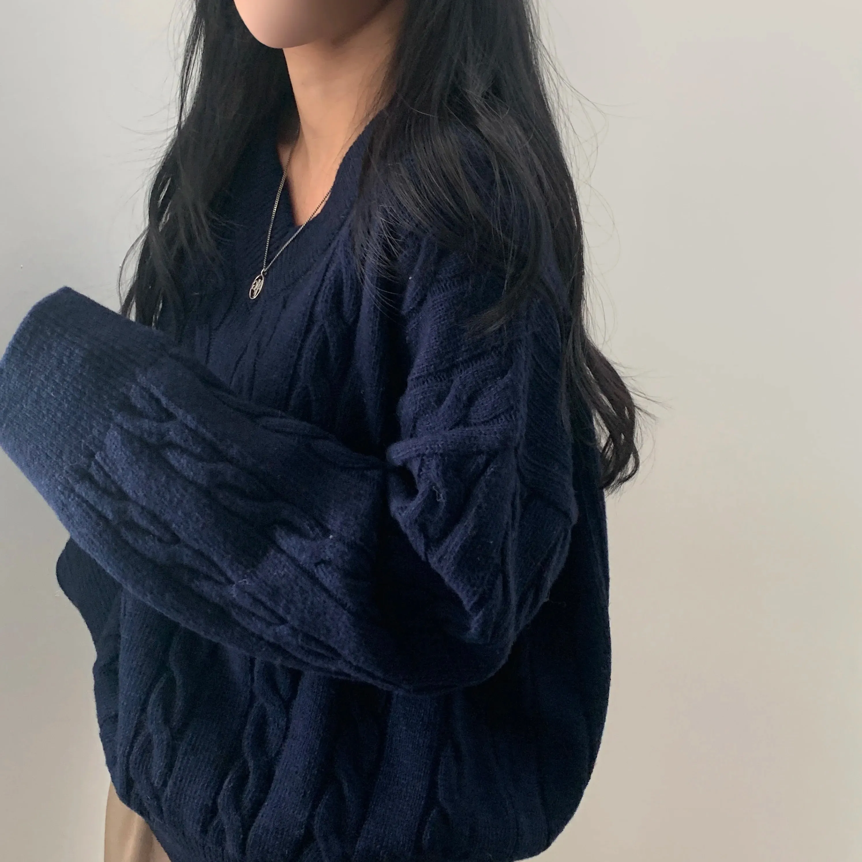REALEFT Autumn Winter Oversize V-Neck Women's Sweater 2023 New Solid Casual Loose Long Sleeve Sweater Knitted Pullover Female
