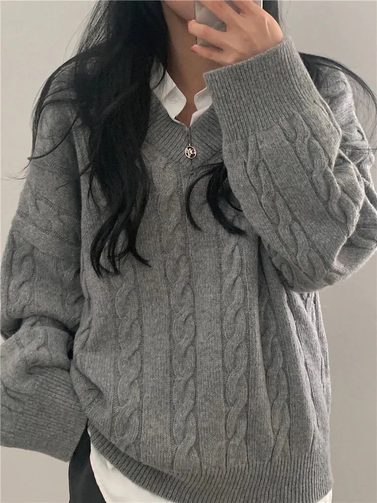 REALEFT Autumn Winter Oversize V-Neck Women's Sweater 2023 New Solid Casual Loose Long Sleeve Sweater Knitted Pullover Female