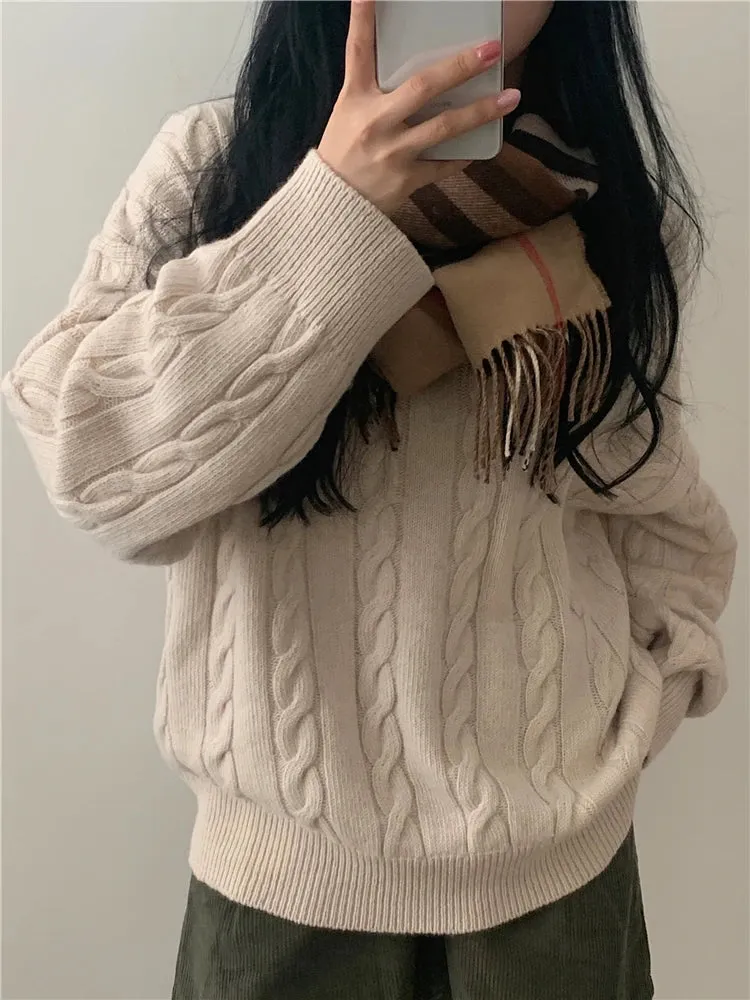 REALEFT Autumn Winter Oversize V-Neck Women's Sweater 2023 New Solid Casual Loose Long Sleeve Sweater Knitted Pullover Female