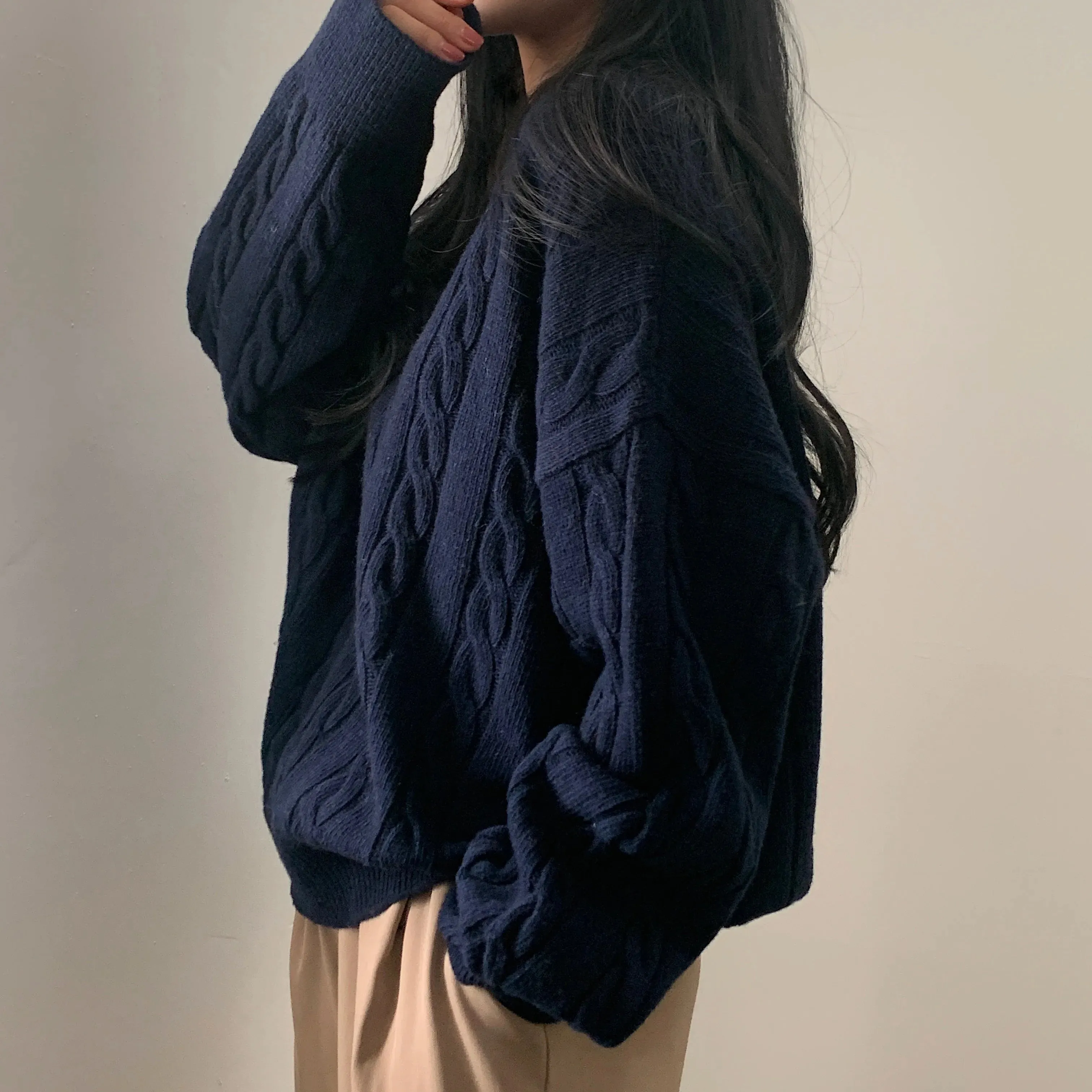 REALEFT Autumn Winter Oversize V-Neck Women's Sweater 2023 New Solid Casual Loose Long Sleeve Sweater Knitted Pullover Female