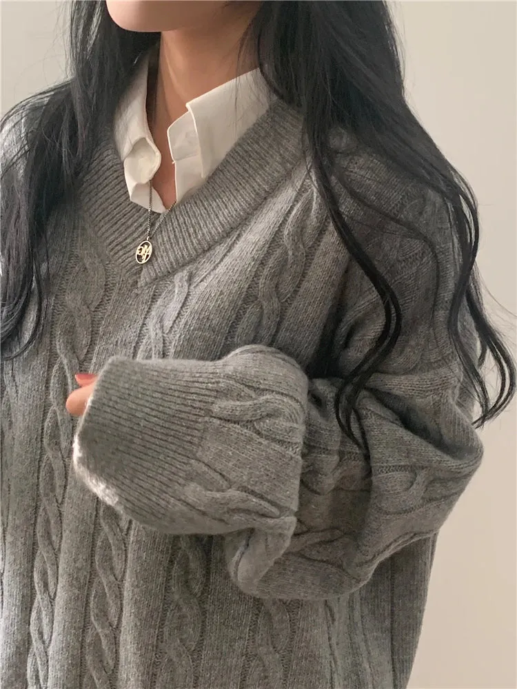 REALEFT Autumn Winter Oversize V-Neck Women's Sweater 2023 New Solid Casual Loose Long Sleeve Sweater Knitted Pullover Female