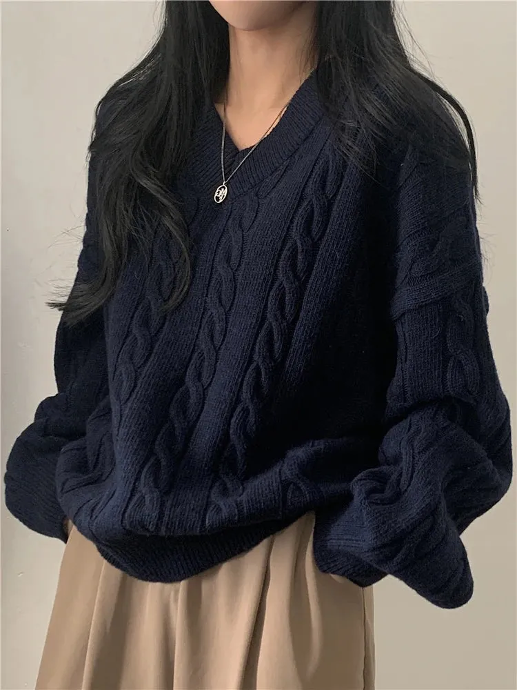 REALEFT Autumn Winter Oversize V-Neck Women's Sweater 2023 New Solid Casual Loose Long Sleeve Sweater Knitted Pullover Female