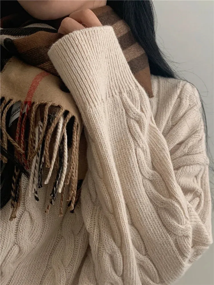 REALEFT Autumn Winter Oversize V-Neck Women's Sweater 2023 New Solid Casual Loose Long Sleeve Sweater Knitted Pullover Female