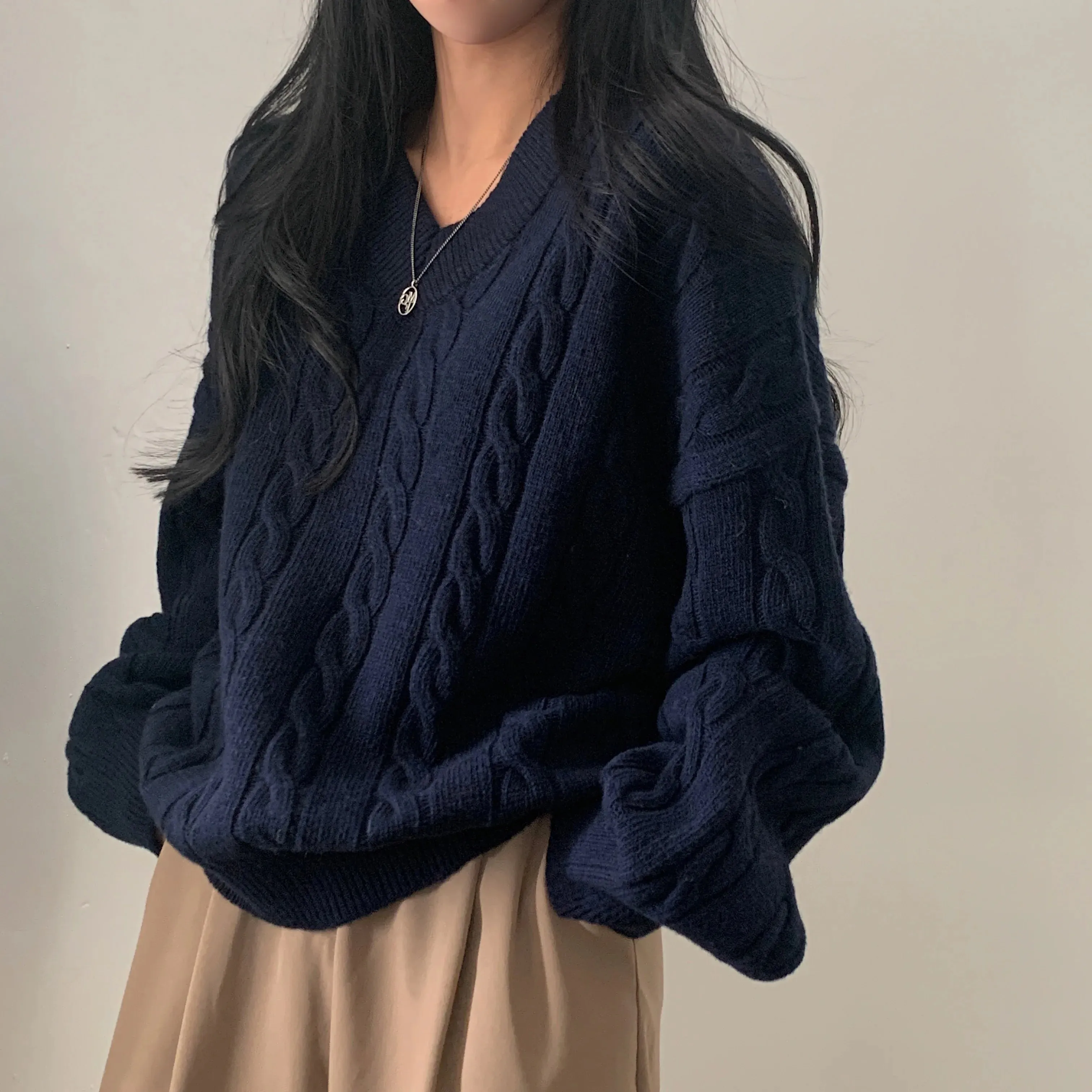 REALEFT Autumn Winter Oversize V-Neck Women's Sweater 2023 New Solid Casual Loose Long Sleeve Sweater Knitted Pullover Female