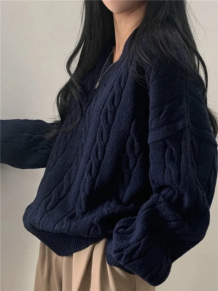 REALEFT Autumn Winter Oversize V-Neck Women's Sweater 2023 New Solid Casual Loose Long Sleeve Sweater Knitted Pullover Female