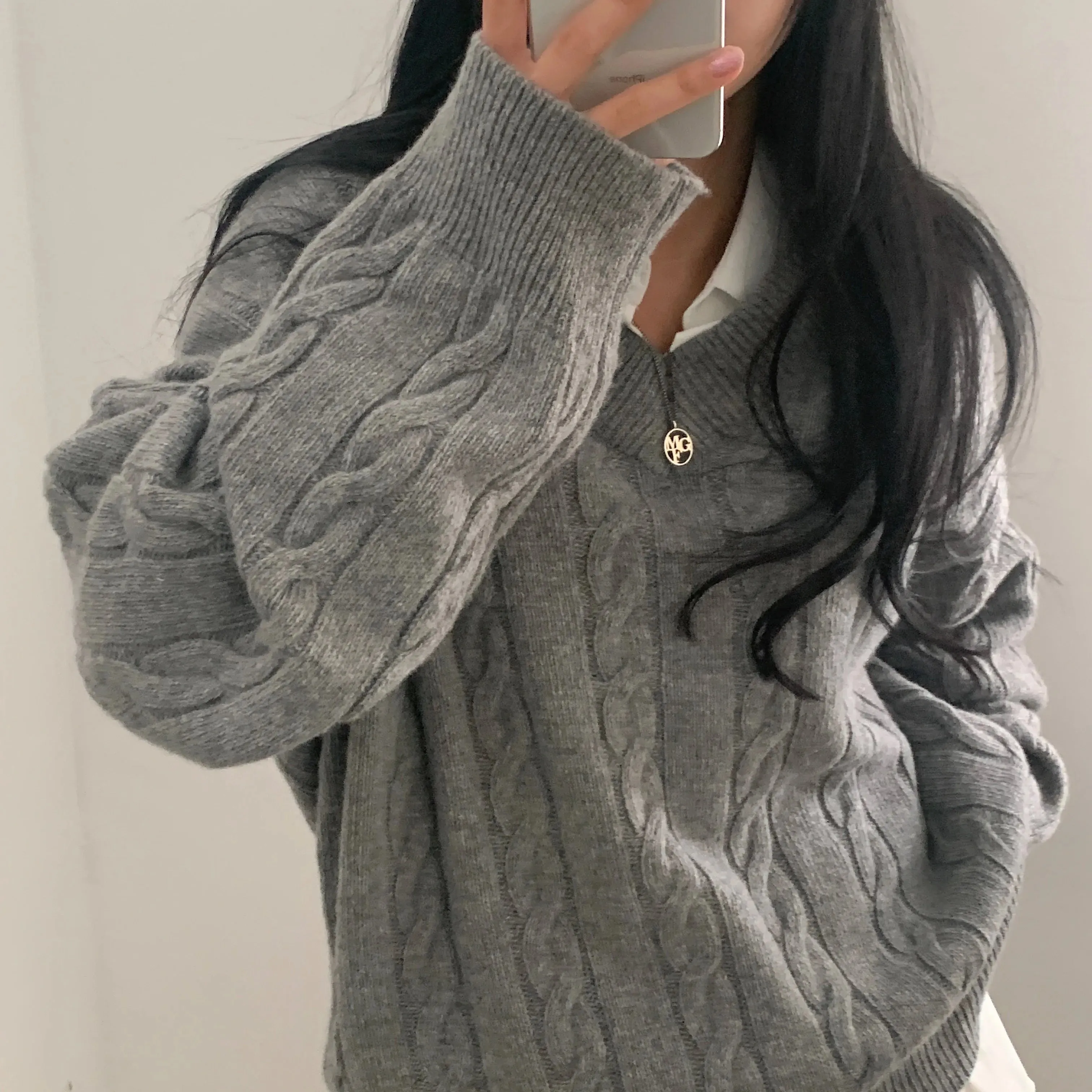REALEFT Autumn Winter Oversize V-Neck Women's Sweater 2023 New Solid Casual Loose Long Sleeve Sweater Knitted Pullover Female