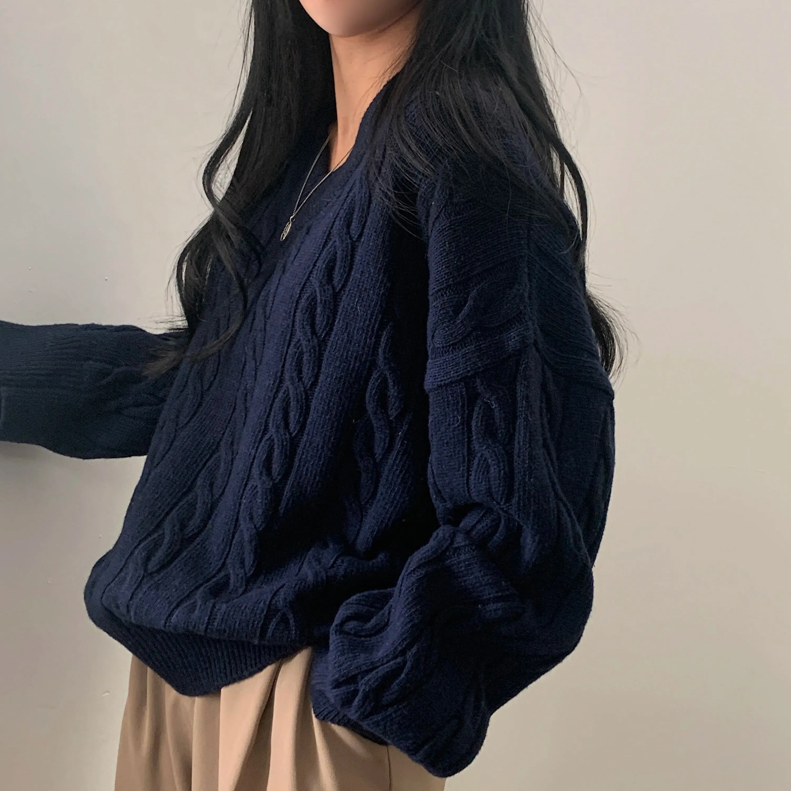 REALEFT Autumn Winter Oversize V-Neck Women's Sweater 2023 New Solid Casual Loose Long Sleeve Sweater Knitted Pullover Female