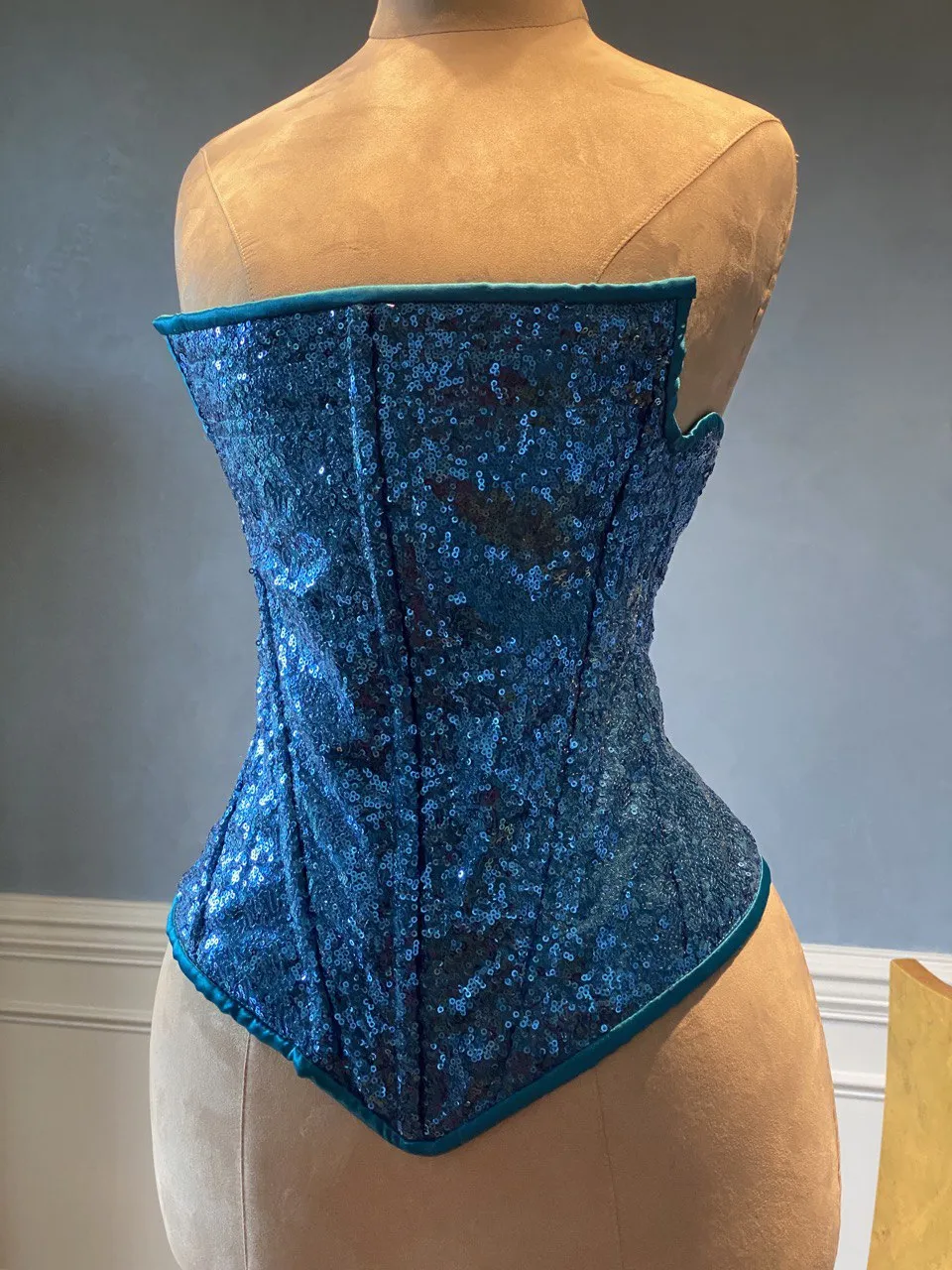 Shiny sequins overbust authentic corset with designer side view. New year, Valentine, Prom corset.