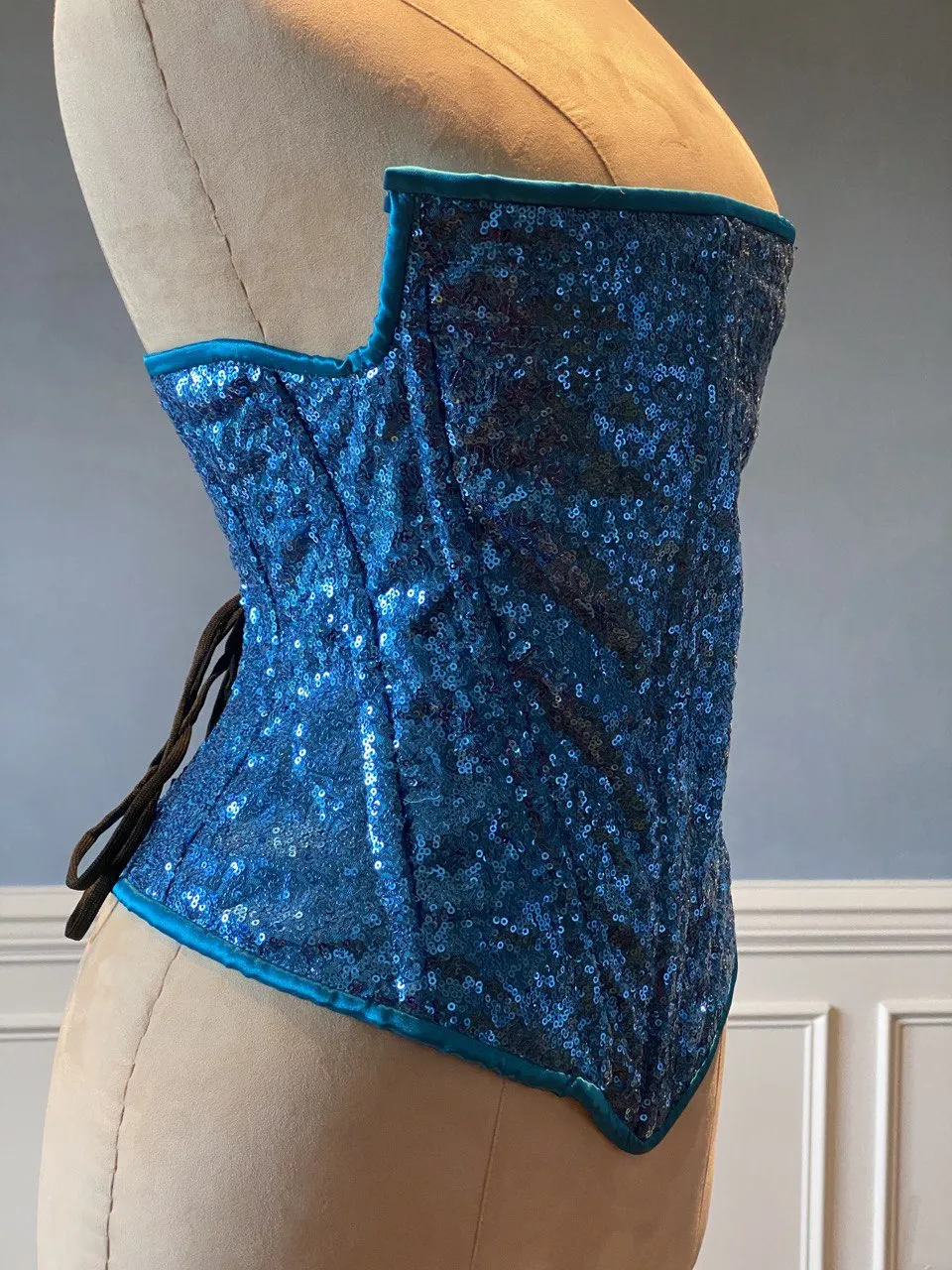 Shiny sequins overbust authentic corset with designer side view. New year, Valentine, Prom corset.
