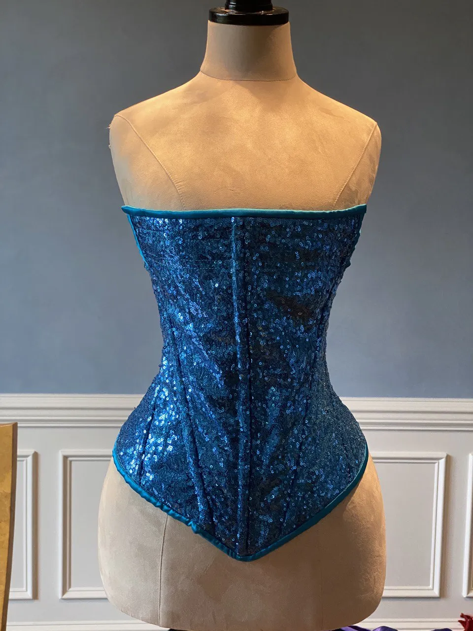 Shiny sequins overbust authentic corset with designer side view. New year, Valentine, Prom corset.