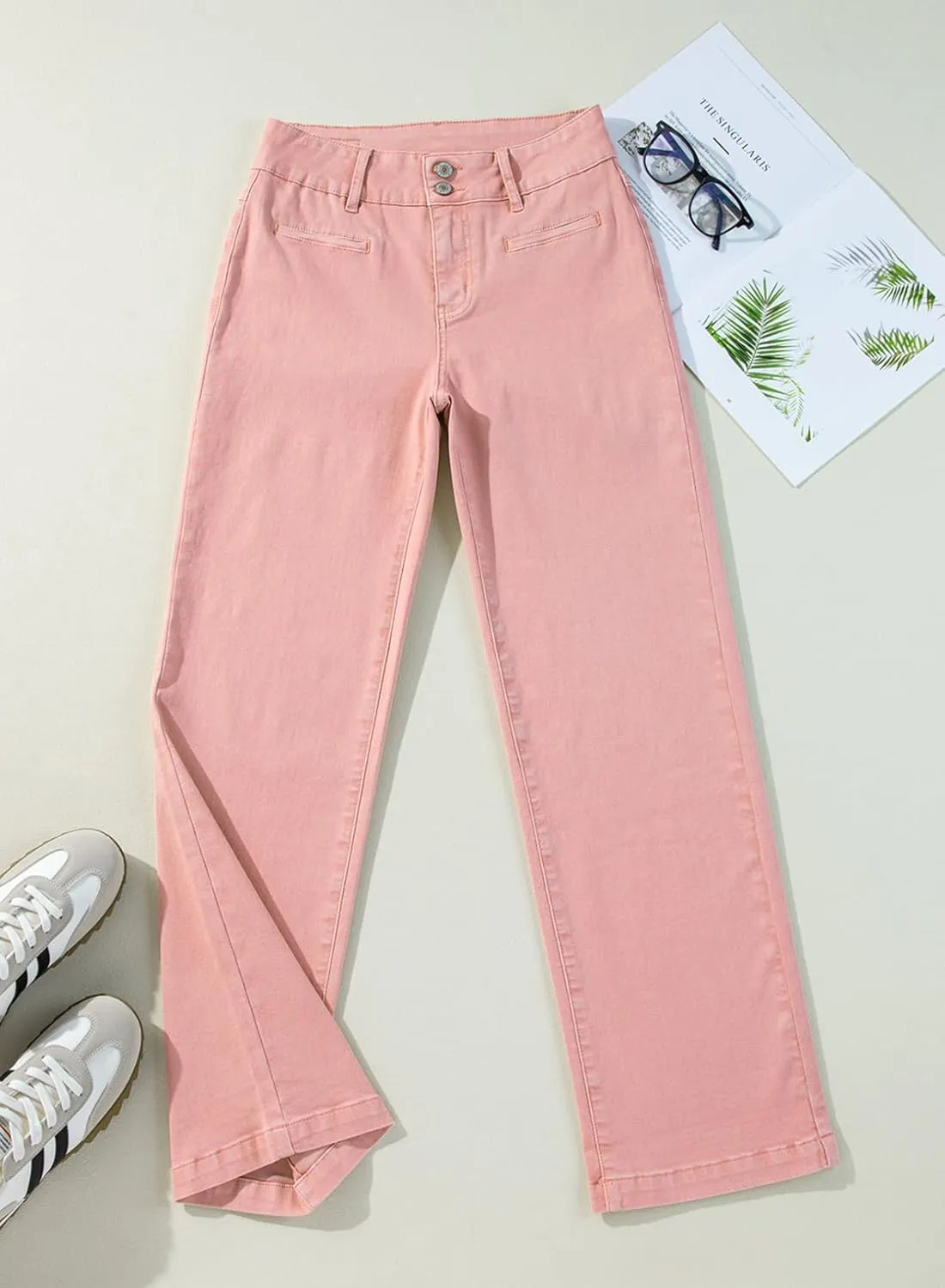 Sidefeel Women's Jeans High Waisted Straight Leg Stretchy Jeans Trendy Welt Pockets Loose Wide Leg Zimbaplatinum Denim Pants