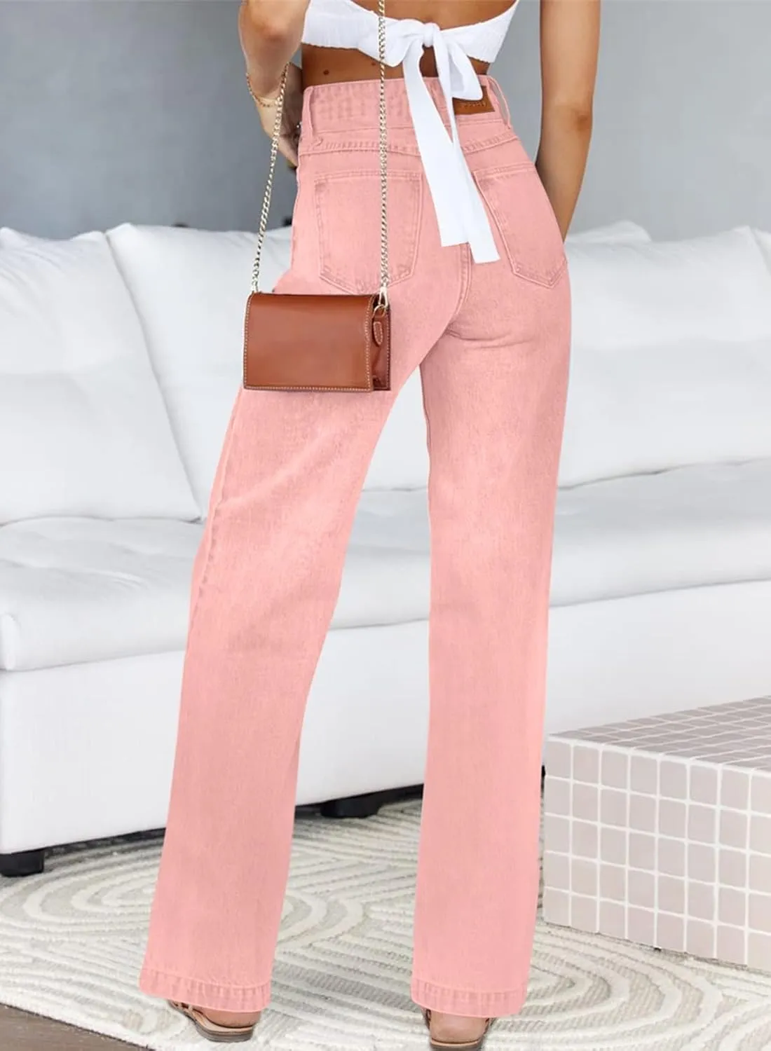 Sidefeel Women's Jeans High Waisted Straight Leg Stretchy Jeans Trendy Welt Pockets Loose Wide Leg Zimbaplatinum Denim Pants