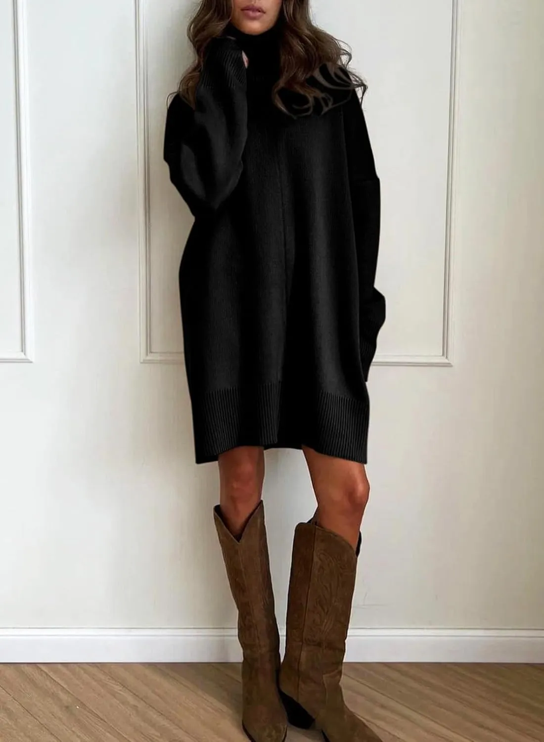 Sidefeel Women's Sweater Dress 2024 Fall Long Sleeve High Neck Ribbed Knit Winter Dress