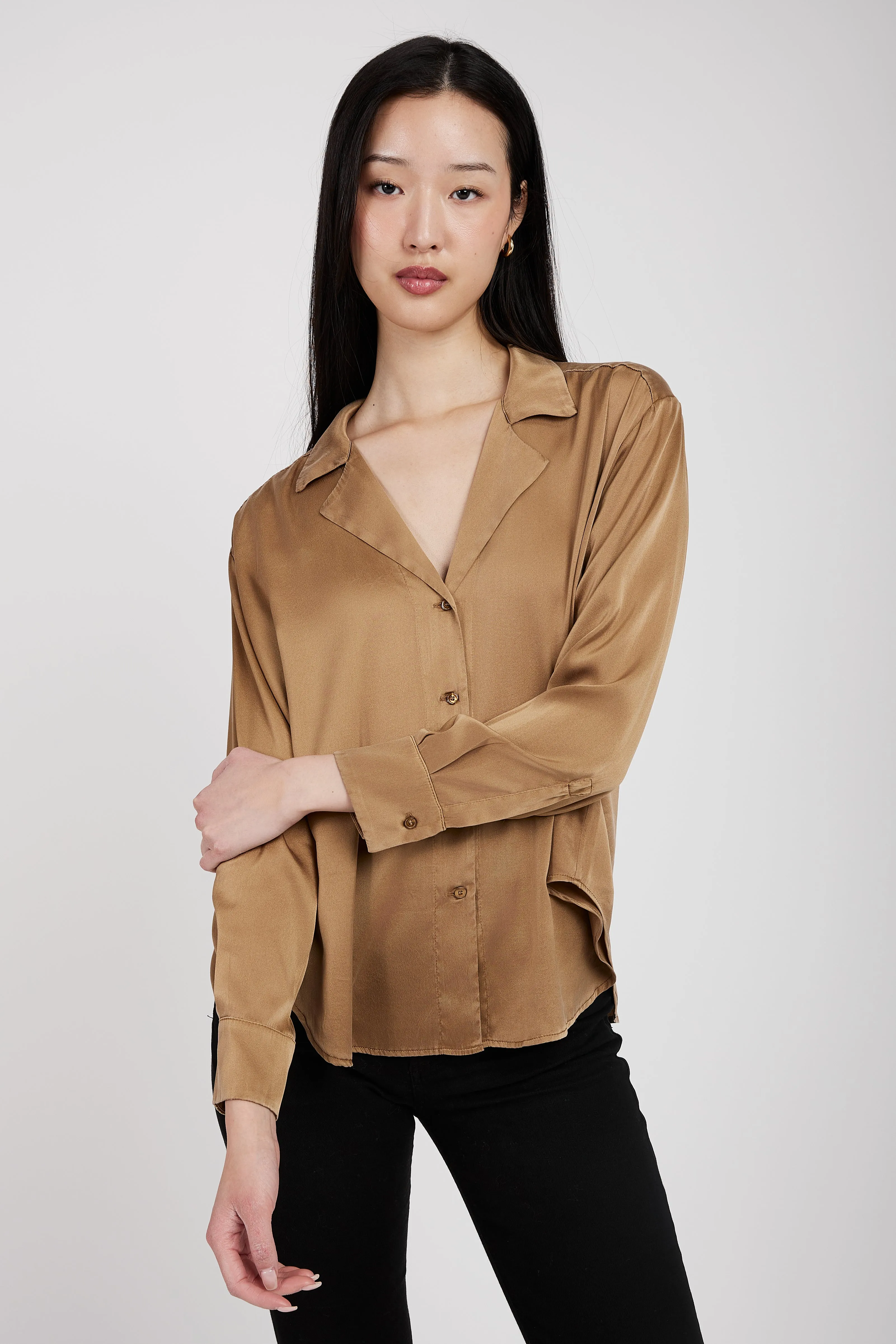 Silk V-Neck Shirt in Camel