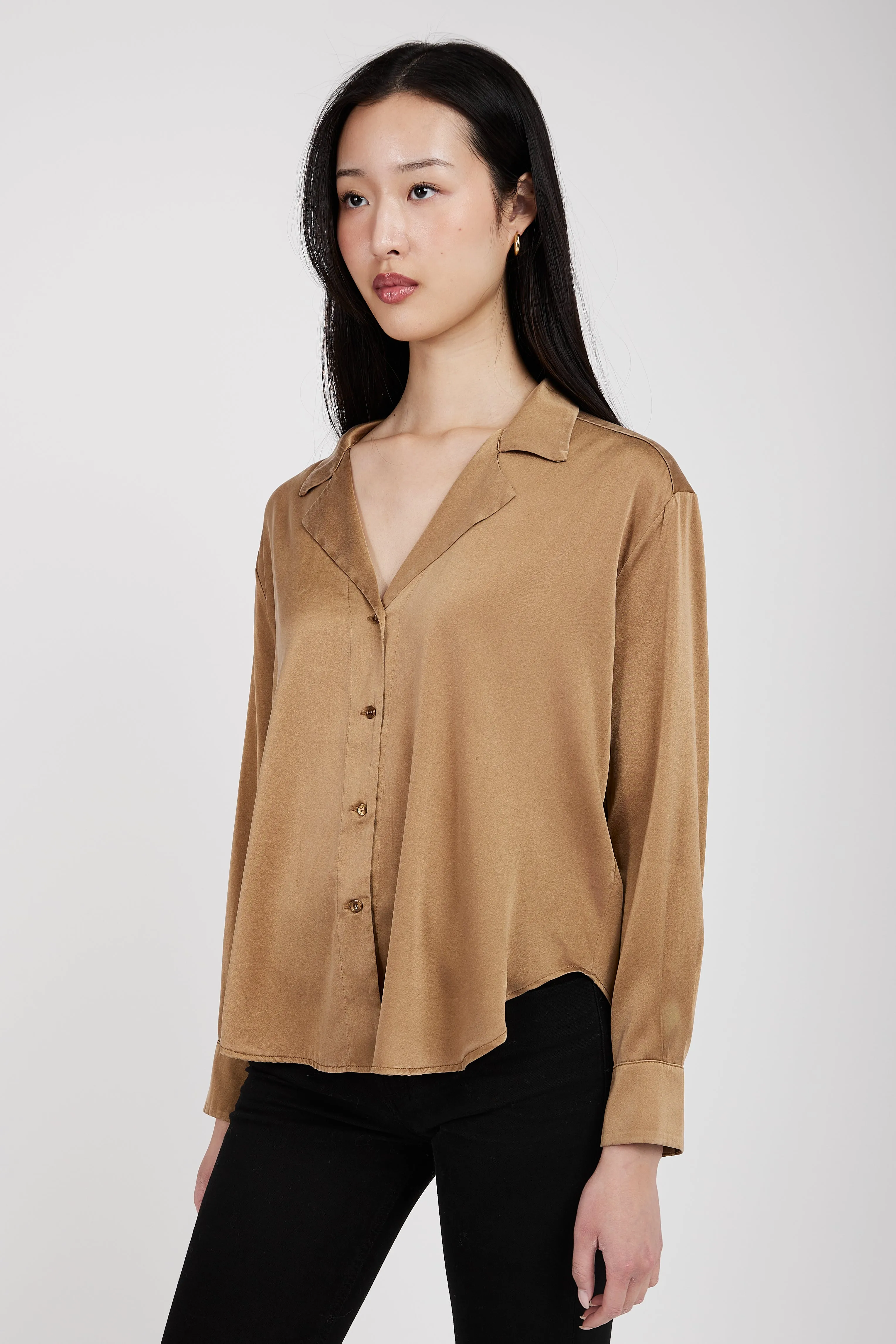 Silk V-Neck Shirt in Camel