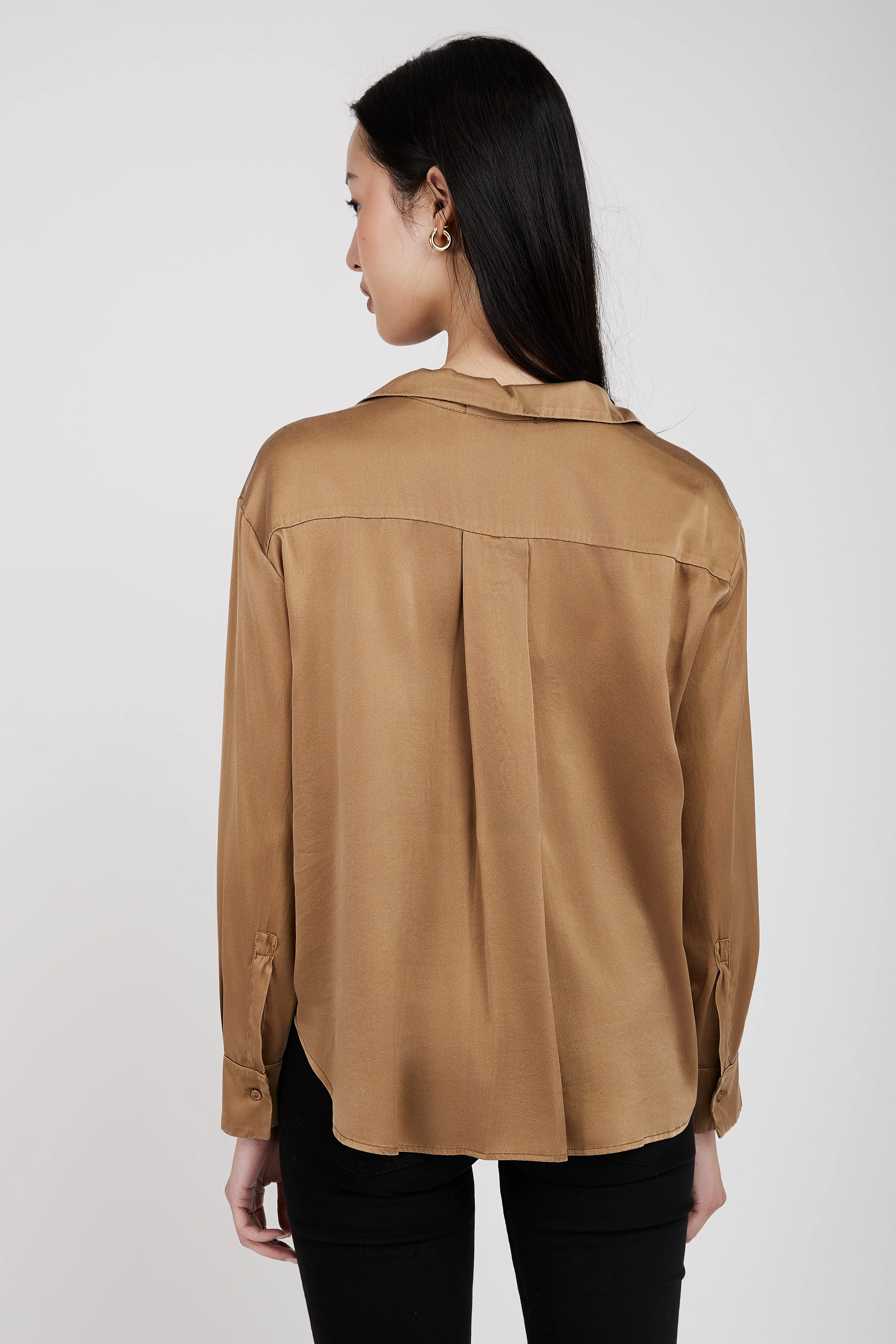 Silk V-Neck Shirt in Camel