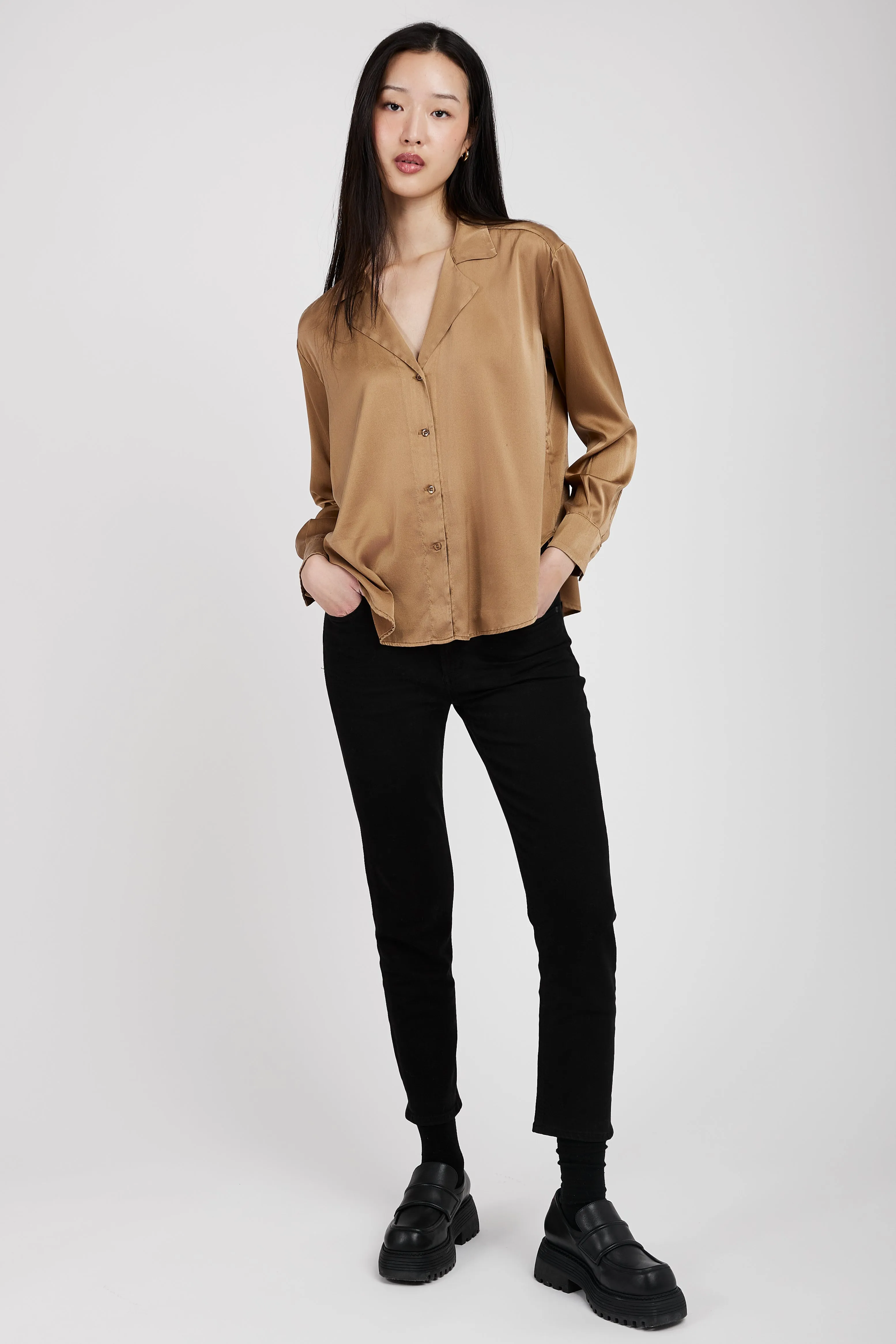 Silk V-Neck Shirt in Camel