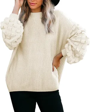 Sovoyontee Women's 2024 Fall Oversized Crewneck Long Puff Sleeve Chunky Knit Pullover Sweater Tops