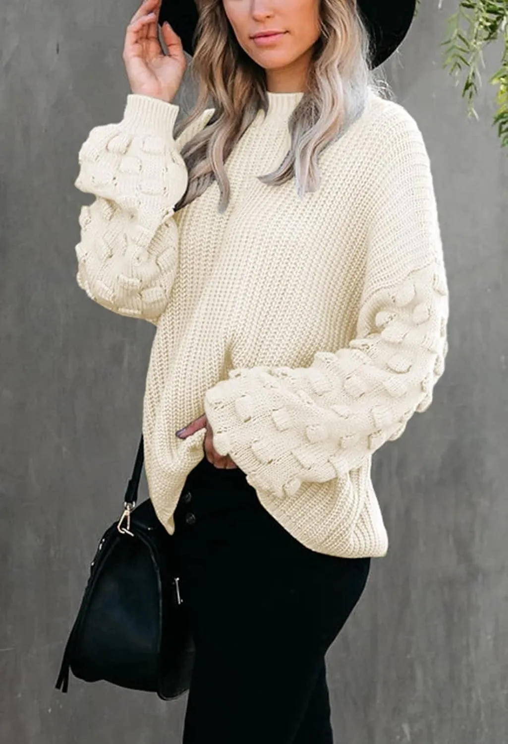 Sovoyontee Women's 2024 Fall Oversized Crewneck Long Puff Sleeve Chunky Knit Pullover Sweater Tops