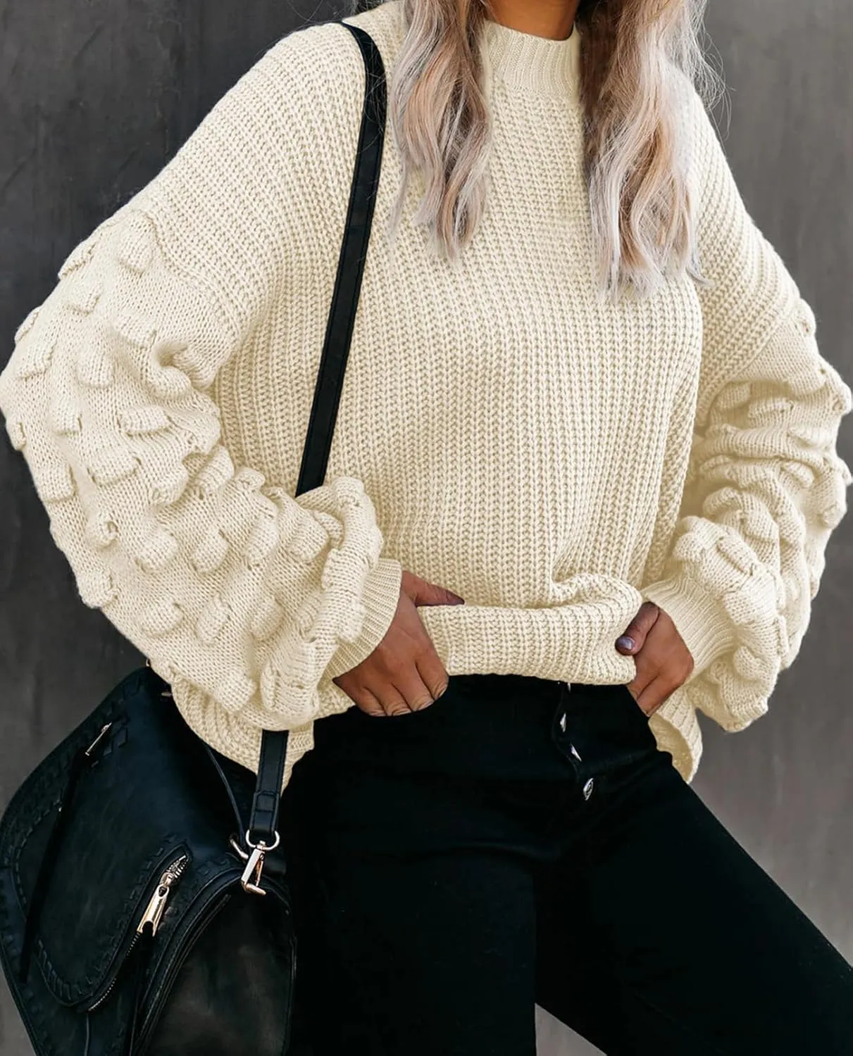 Sovoyontee Women's 2024 Fall Oversized Crewneck Long Puff Sleeve Chunky Knit Pullover Sweater Tops