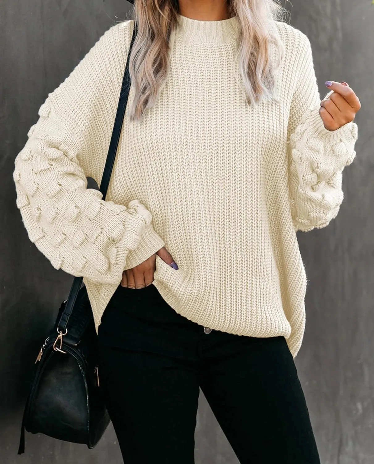 Sovoyontee Women's 2024 Fall Oversized Crewneck Long Puff Sleeve Chunky Knit Pullover Sweater Tops