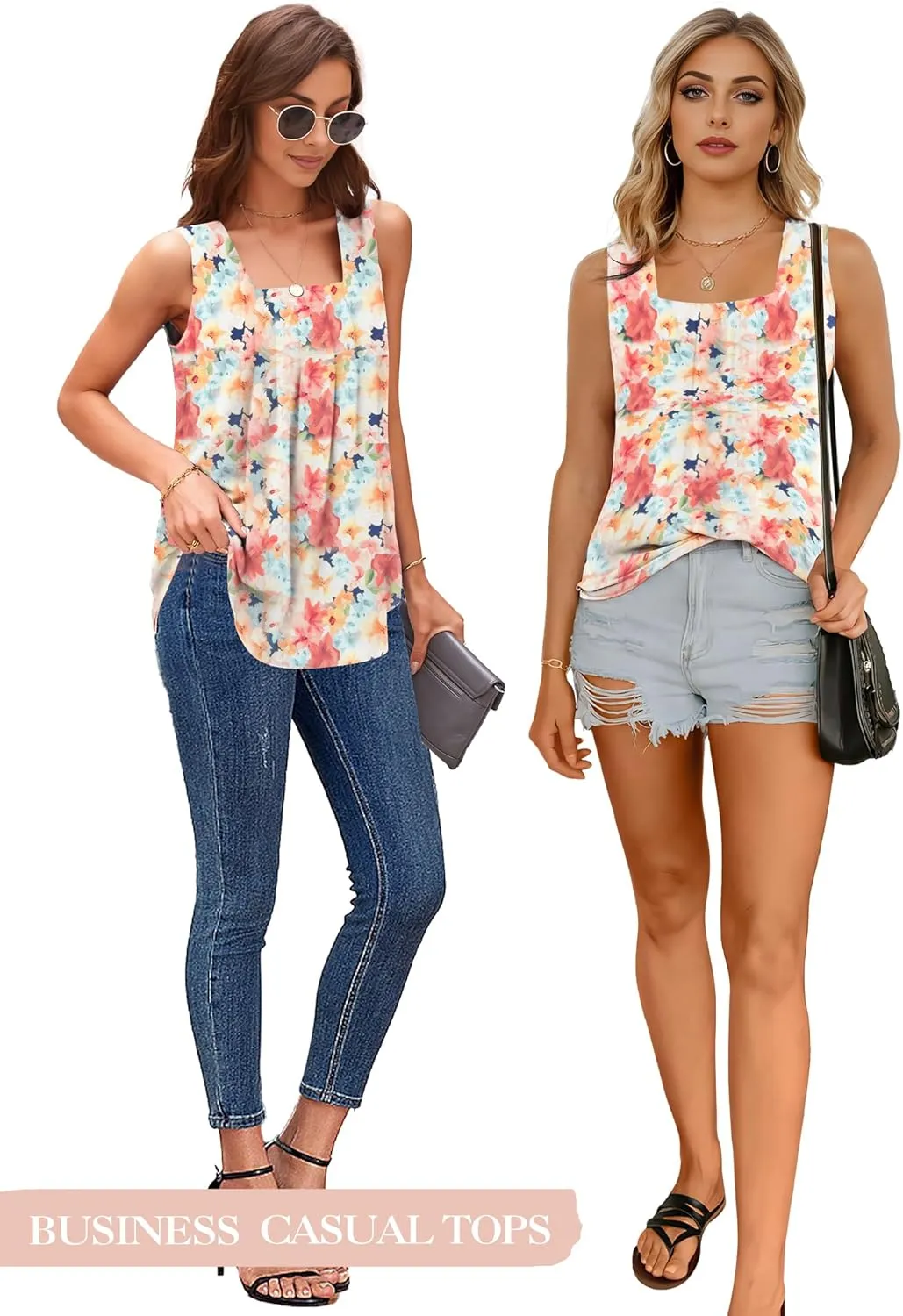 Summer Tank Tops for Women Loose Fit Pleated Square Neck Sleeveless Tops Flowy Blouse Short Sleeve Tops Basic Shirts