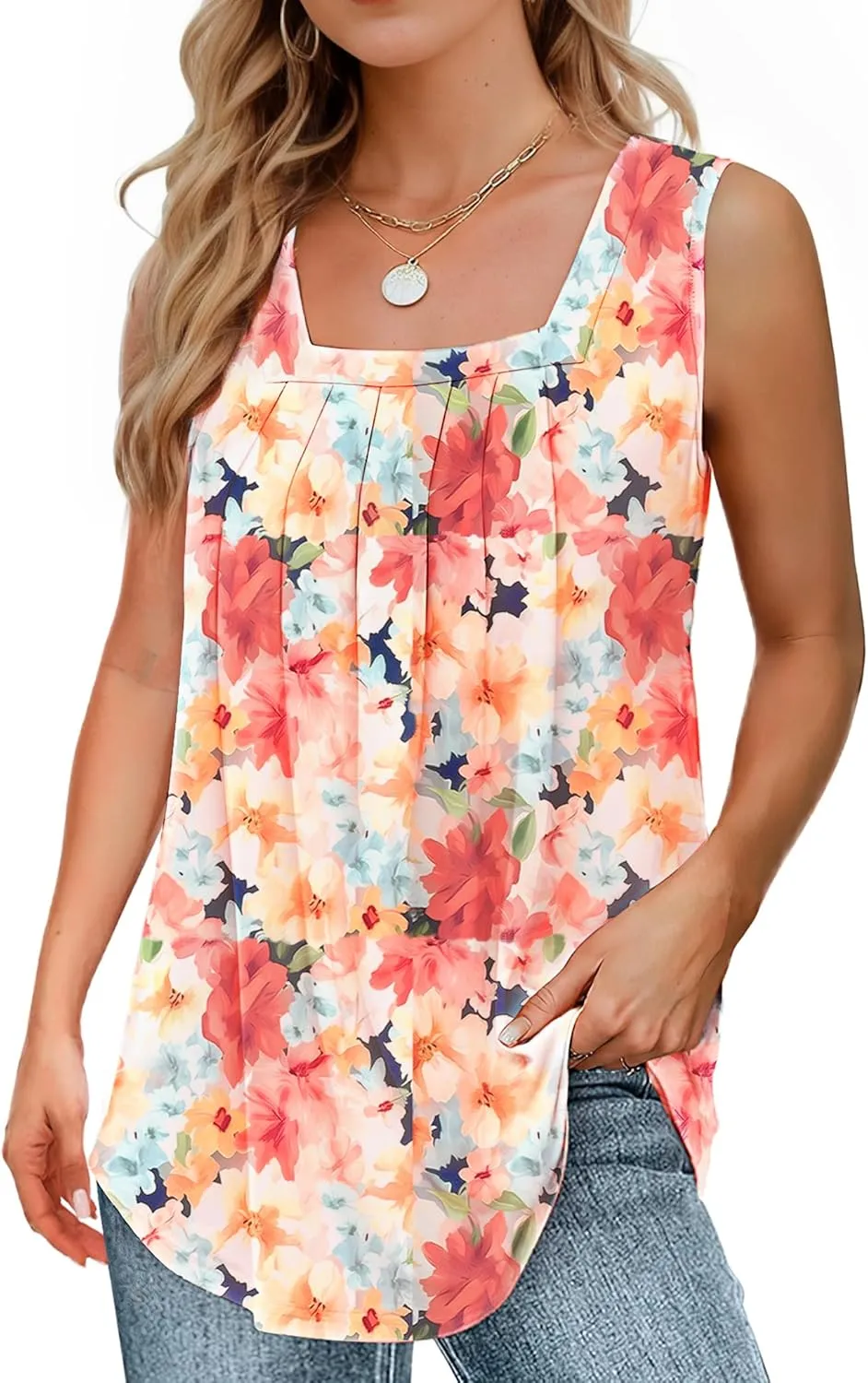Summer Tank Tops for Women Loose Fit Pleated Square Neck Sleeveless Tops Flowy Blouse Short Sleeve Tops Basic Shirts