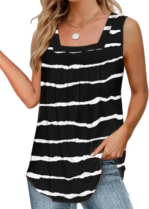 Summer Tank Tops for Women Loose Fit Pleated Square Neck Sleeveless Tops Flowy Blouse Short Sleeve Tops Basic Shirts