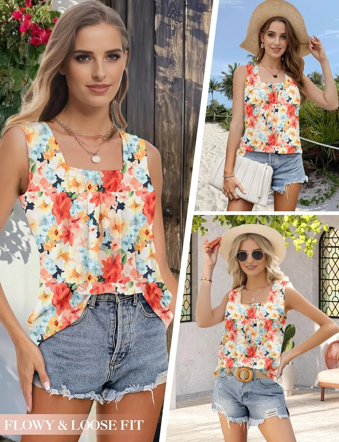Summer Tank Tops for Women Loose Fit Pleated Square Neck Sleeveless Tops Flowy Blouse Short Sleeve Tops Basic Shirts