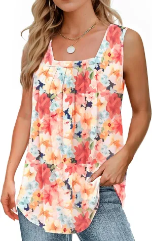 Summer Tank Tops for Women Loose Fit Pleated Square Neck Sleeveless Tops Flowy Blouse Short Sleeve Tops Basic Shirts