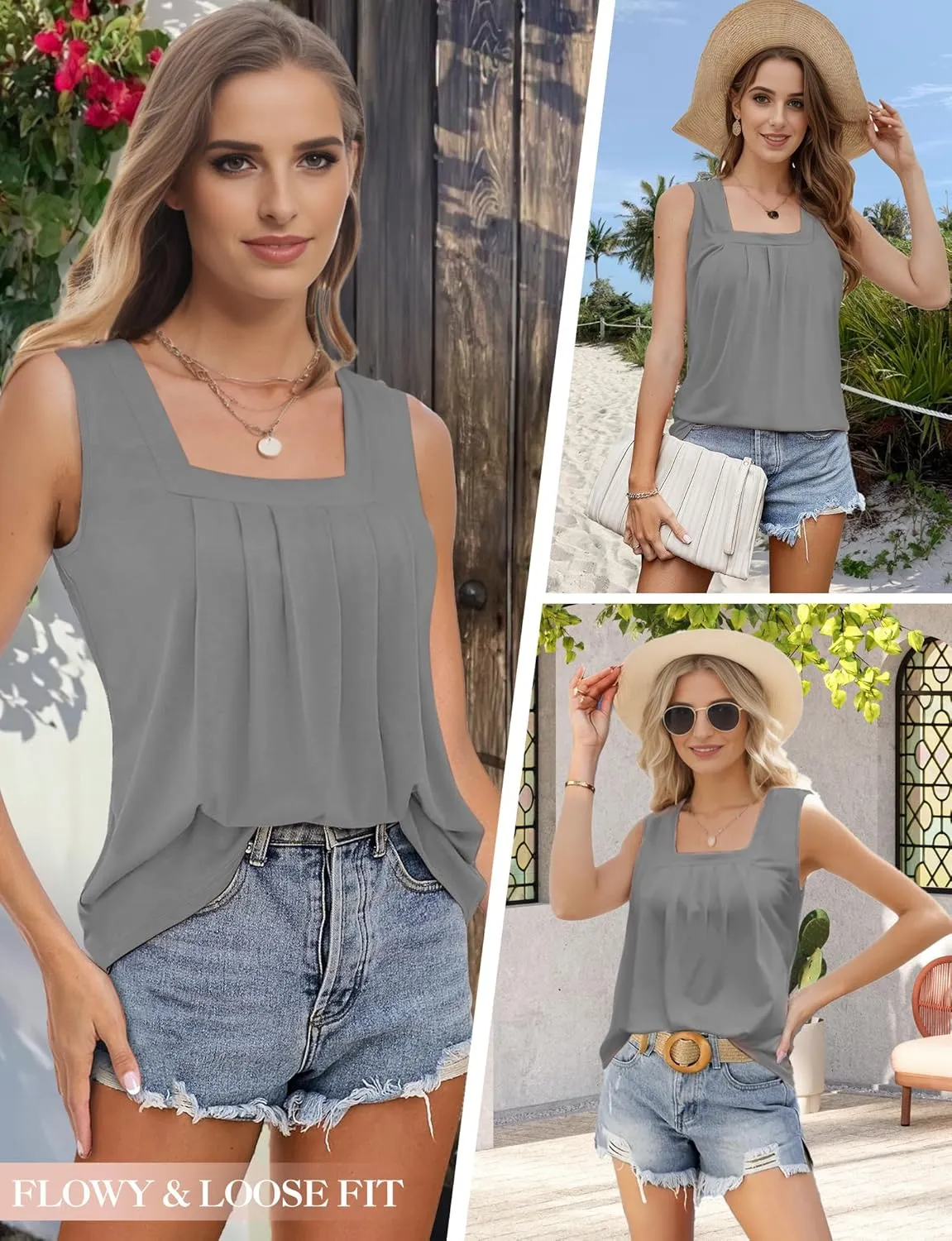 Tank Tops for Women Summer, Loose Fit Pleated Square Neck Sleeveless Tops Flowy Blouse Going Out Tops Basic Shirts