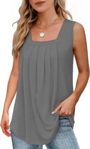 Tank Tops for Women Summer, Loose Fit Pleated Square Neck Sleeveless Tops Flowy Blouse Going Out Tops Basic Shirts