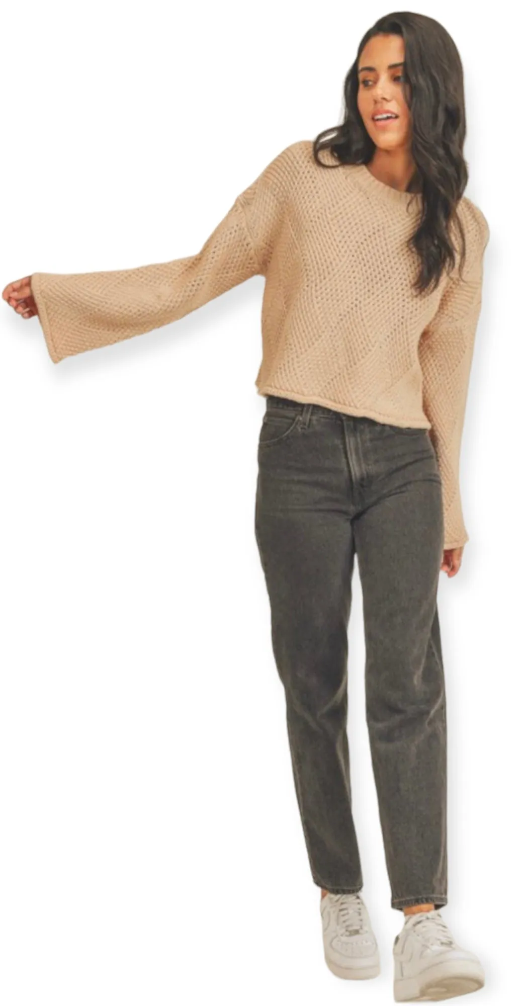 Taupe Knit Sweater With Flare Sleeves