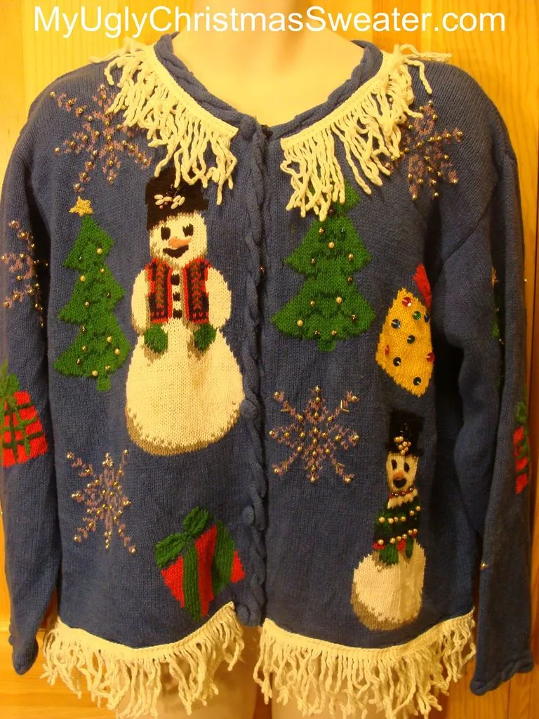 Ugly Christmas Sweater with Giant Snowmen and Bling Beadwork