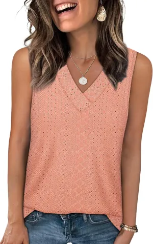 WIHOLL Tank Top for Women Summer Outfits V Neck T Shirts Trendy Eyelet Sleeveless Basic Beach Vacation Clothes