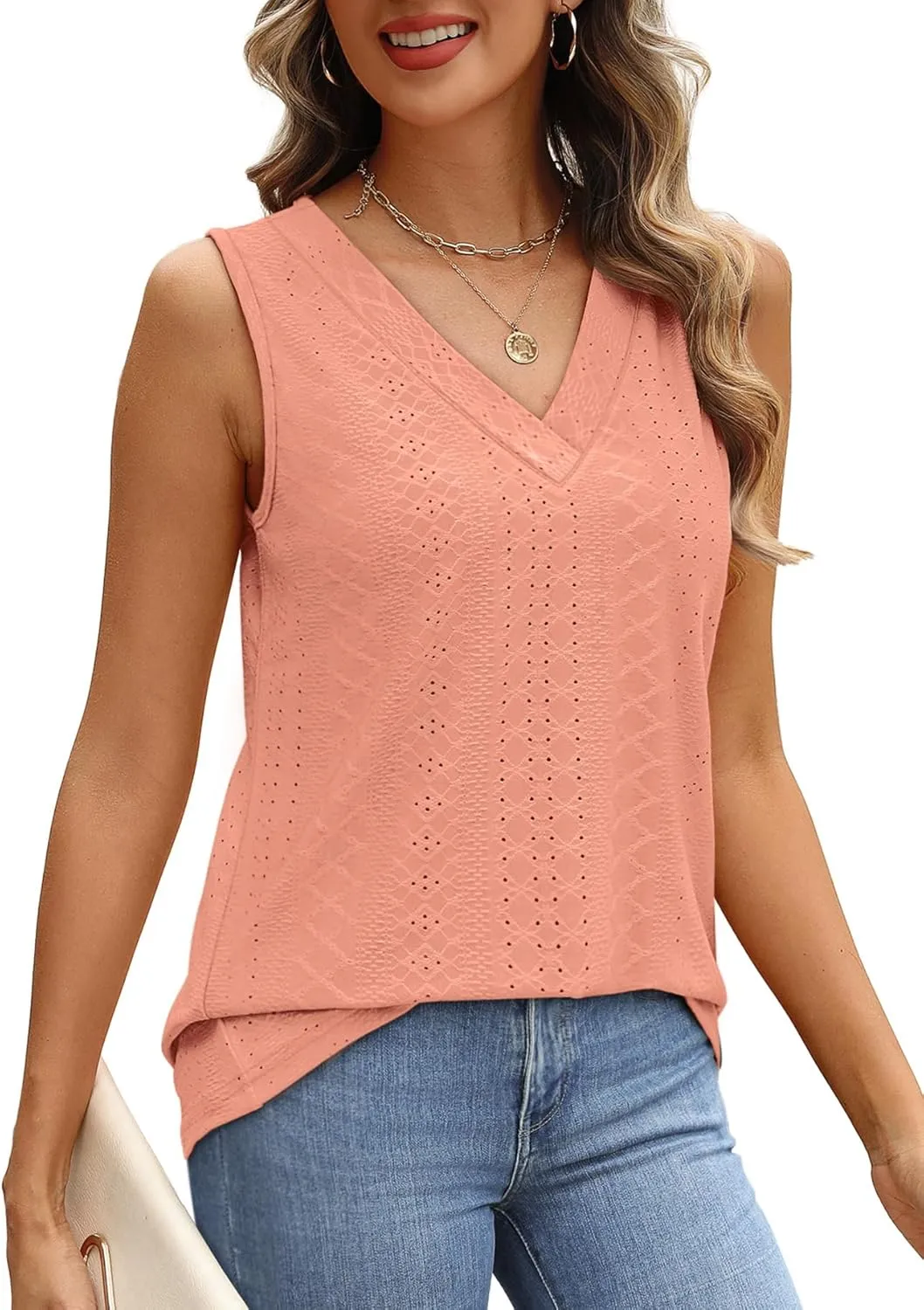 WIHOLL Tank Top for Women Summer Outfits V Neck T Shirts Trendy Eyelet Sleeveless Basic Beach Vacation Clothes