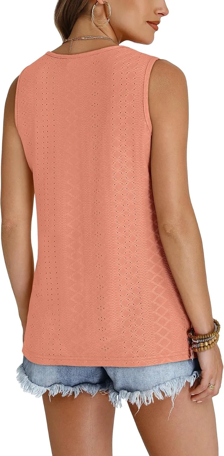 WIHOLL Tank Top for Women Summer Outfits V Neck T Shirts Trendy Eyelet Sleeveless Basic Beach Vacation Clothes