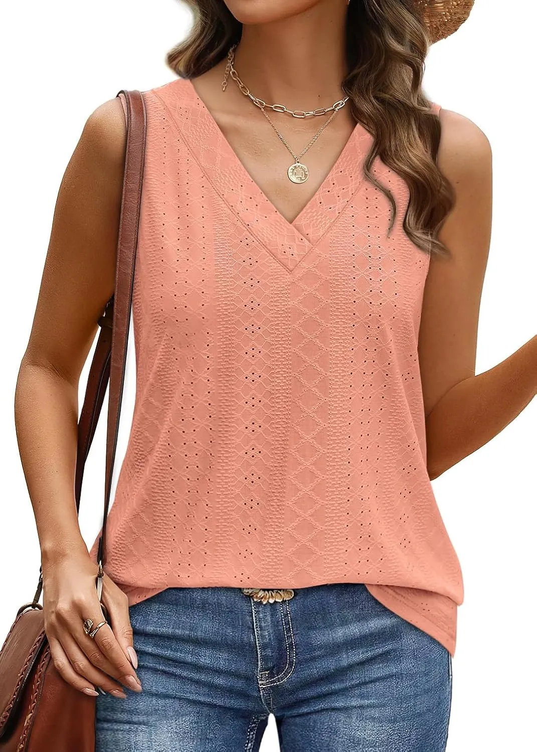 WIHOLL Tank Top for Women Summer Outfits V Neck T Shirts Trendy Eyelet Sleeveless Basic Beach Vacation Clothes
