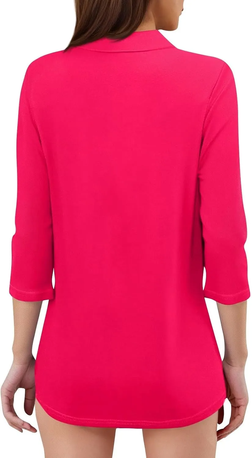 Women's 2025 3/4 Length Sleeve V-Neck Collared Tops Summer Business Casual Work Polo Shirts Loose Fitted Tees
