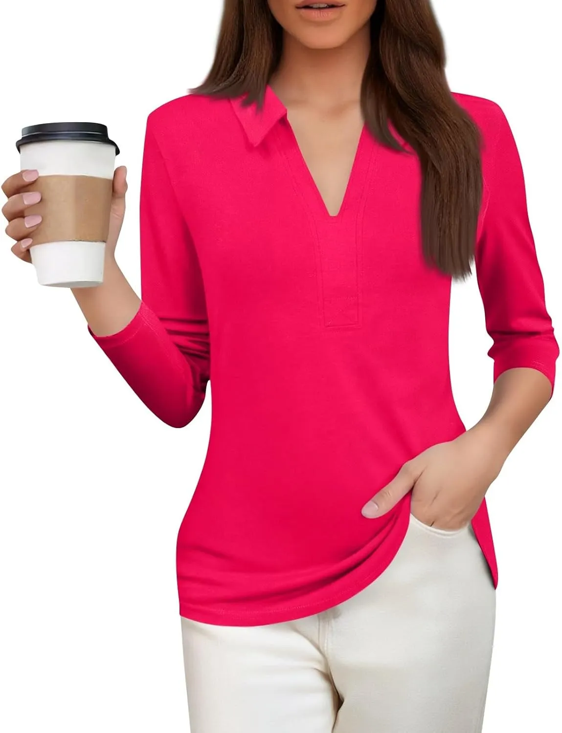 Women's 2025 3/4 Length Sleeve V-Neck Collared Tops Summer Business Casual Work Polo Shirts Loose Fitted Tees