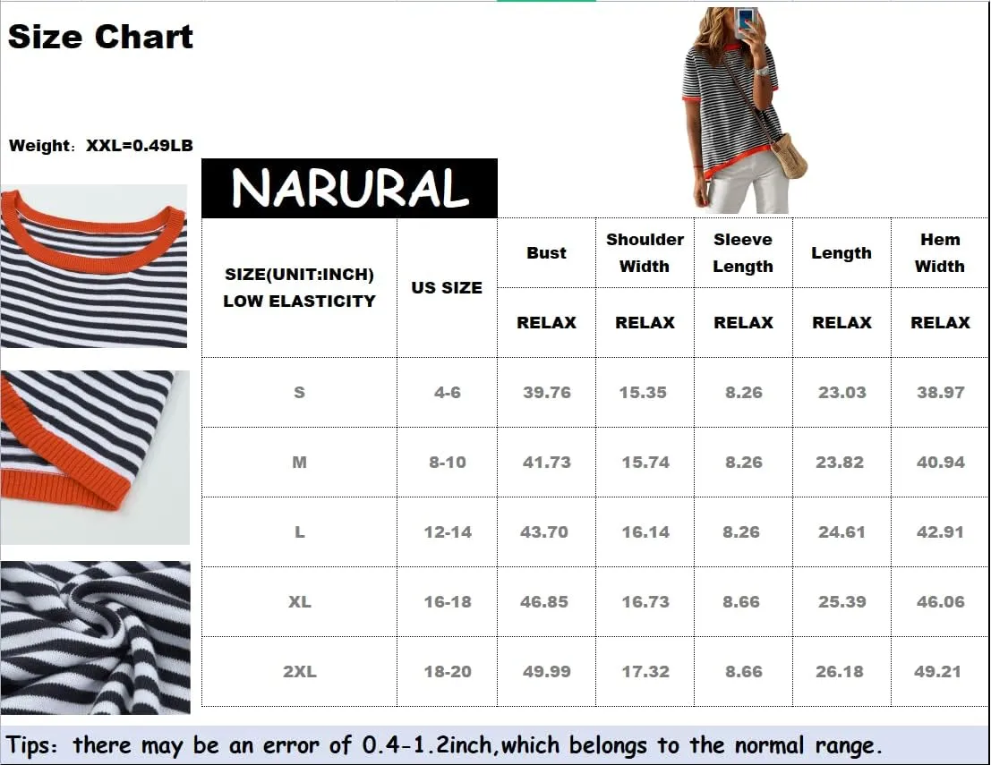 Womens Sweaters Casual Crewneck Short Sleeve Striped Color Block Knitted Cotton Trendy Pullover Sweater Tops