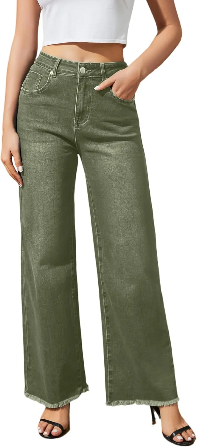 Women's Wide Leg Jeans High Waisted Strechy Jeans for Women Straight Raw Hem Loose Casual Denim