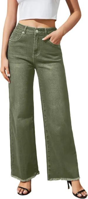 Women's Wide Leg Jeans High Waisted Strechy Jeans for Women Straight Raw Hem Loose Casual Denim